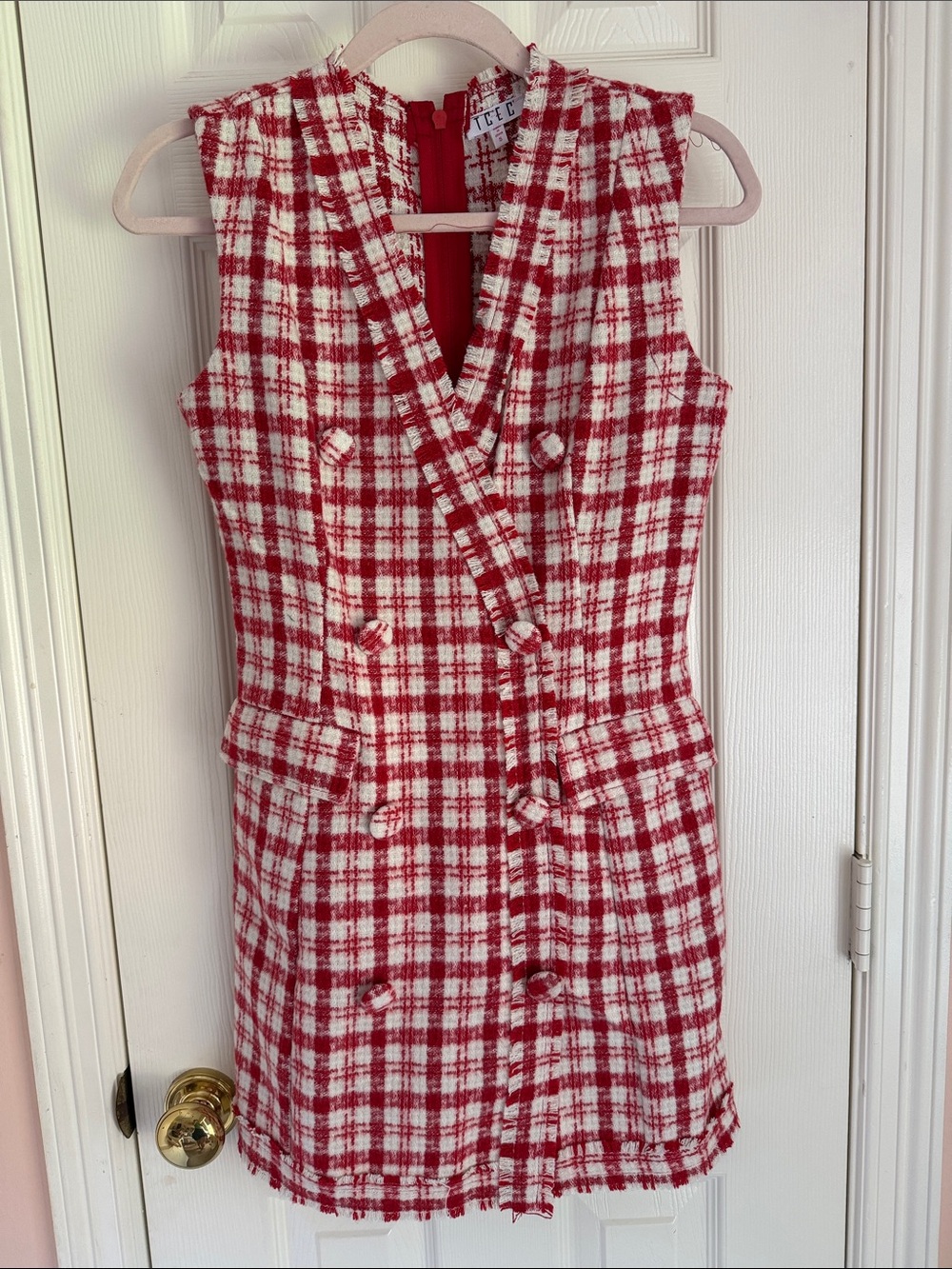 TCEC Red & White Plaid Tweed Shift Dress Size S